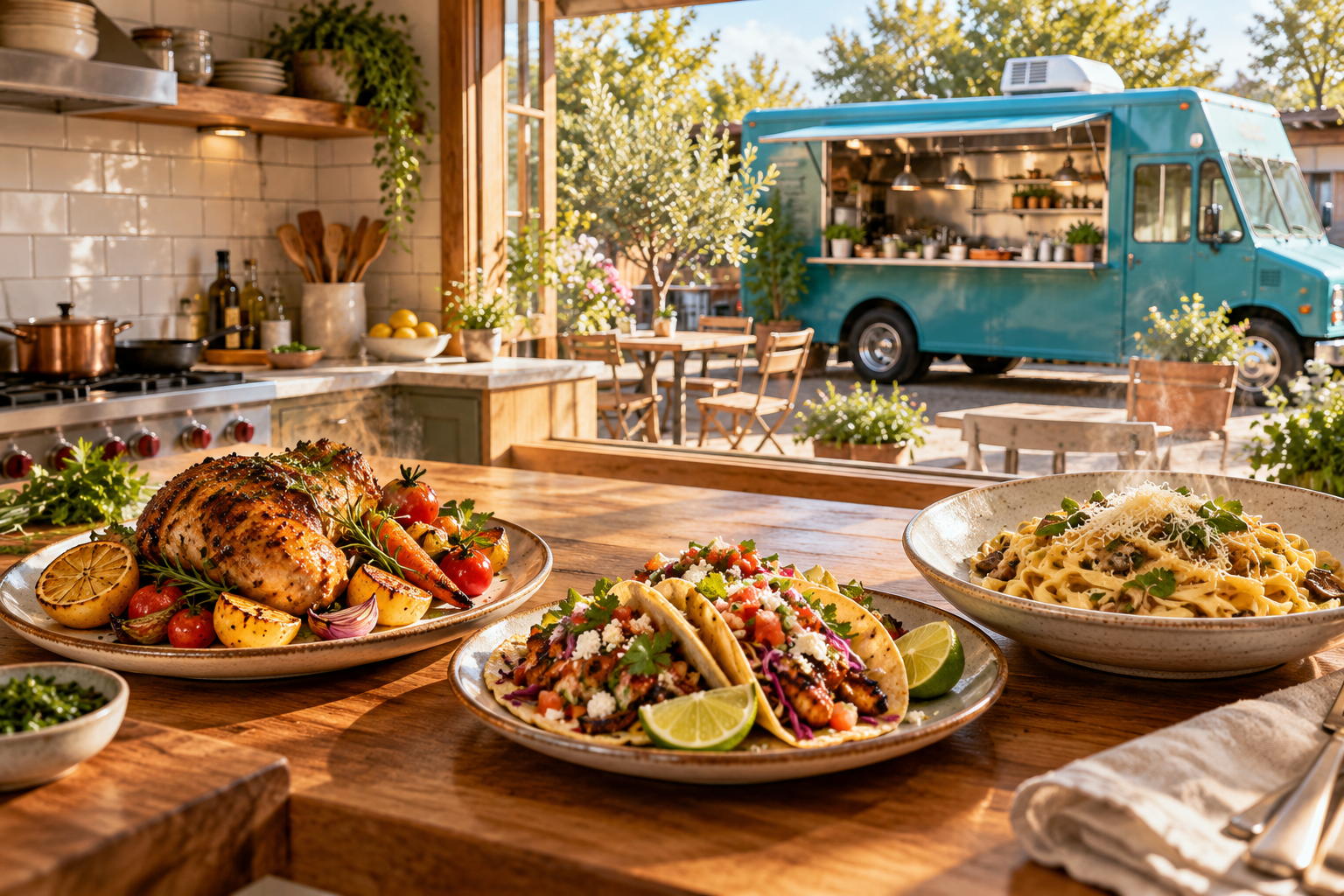 Fresh tacos, pasta and roast chicken in a welcoming kitchen with a food truck outside