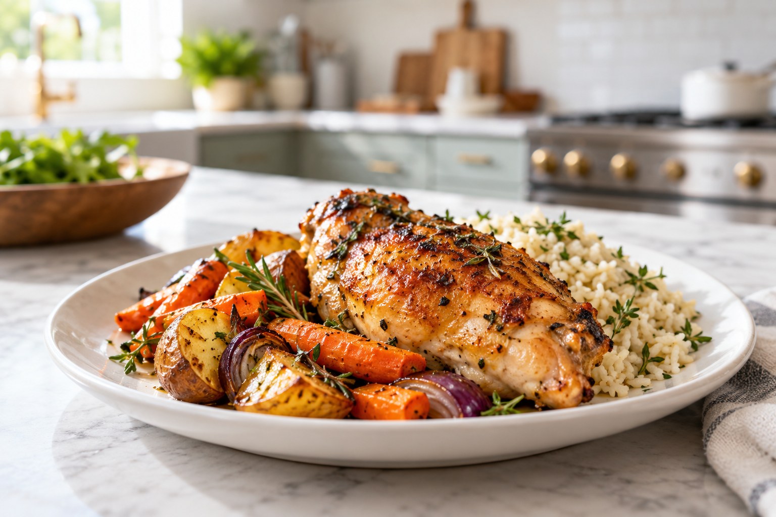 Plated chicken dinner in a kitchen