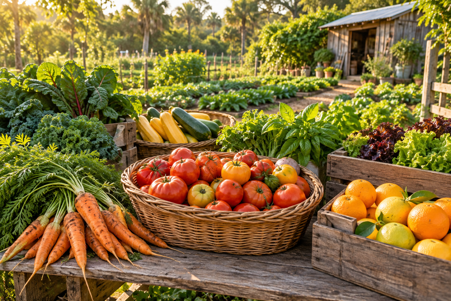 Illustrative small farm stand with fresh produce